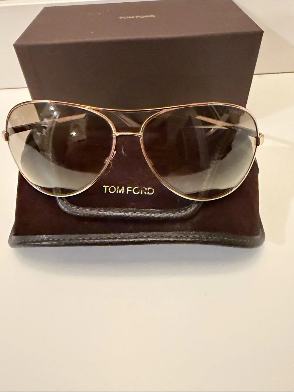 Tom Ford Rose Gold Aviator Sunglasses Brown Gradient Lens TF Case Pouch